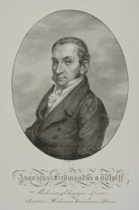 August Ferdynand Wolff (1768–1846) W 1796 r. objął stanowisko fizyka miejskiego Warszawy, był jednym z organizatorów i profesorów Szkoły Lekarskiej, współzałożycielem i prezesem Towarzystwa Lekarskiego Warszawskiego. August Ferdynand Wolff, rys. J. Sonntag, przed 1826, BN